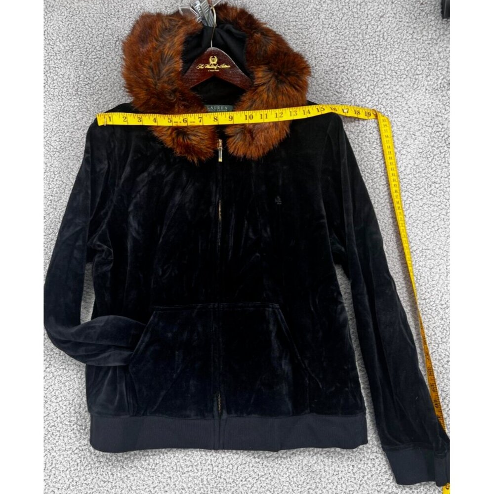 Lauren Ralph Lauren Women's Black Velour Zip Hoodie With Faux Fur Size Large